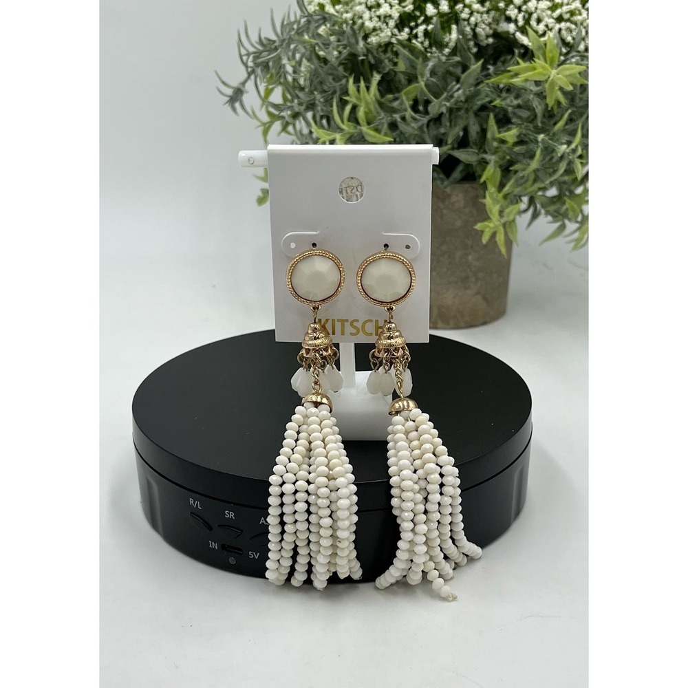 KITSCH Nordstrom Off White Beaded Long Tassel Pierced Gold Tone Earrings New